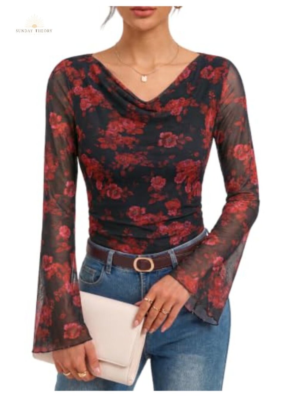 Boho Mesh Blouse Cowl Neck Bell Sleeve Pullover Dressy Casual Top